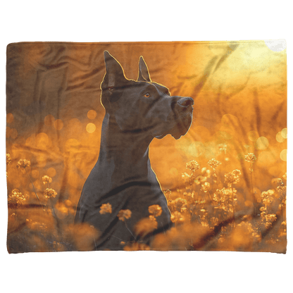 Great Dane Standing in Sunlit Meadow Surrounded by Shimmering Textures and Glowing Golden Light Trails Fleece Sherpa Blanket - Awakening Righteousness