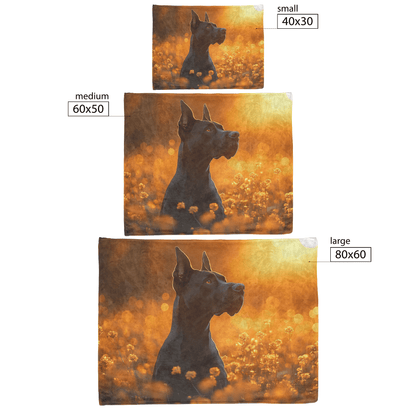 Great Dane Standing in Sunlit Meadow Surrounded by Shimmering Textures and Glowing Golden Light Trails Fleece Sherpa Blanket - Awakening Righteousness