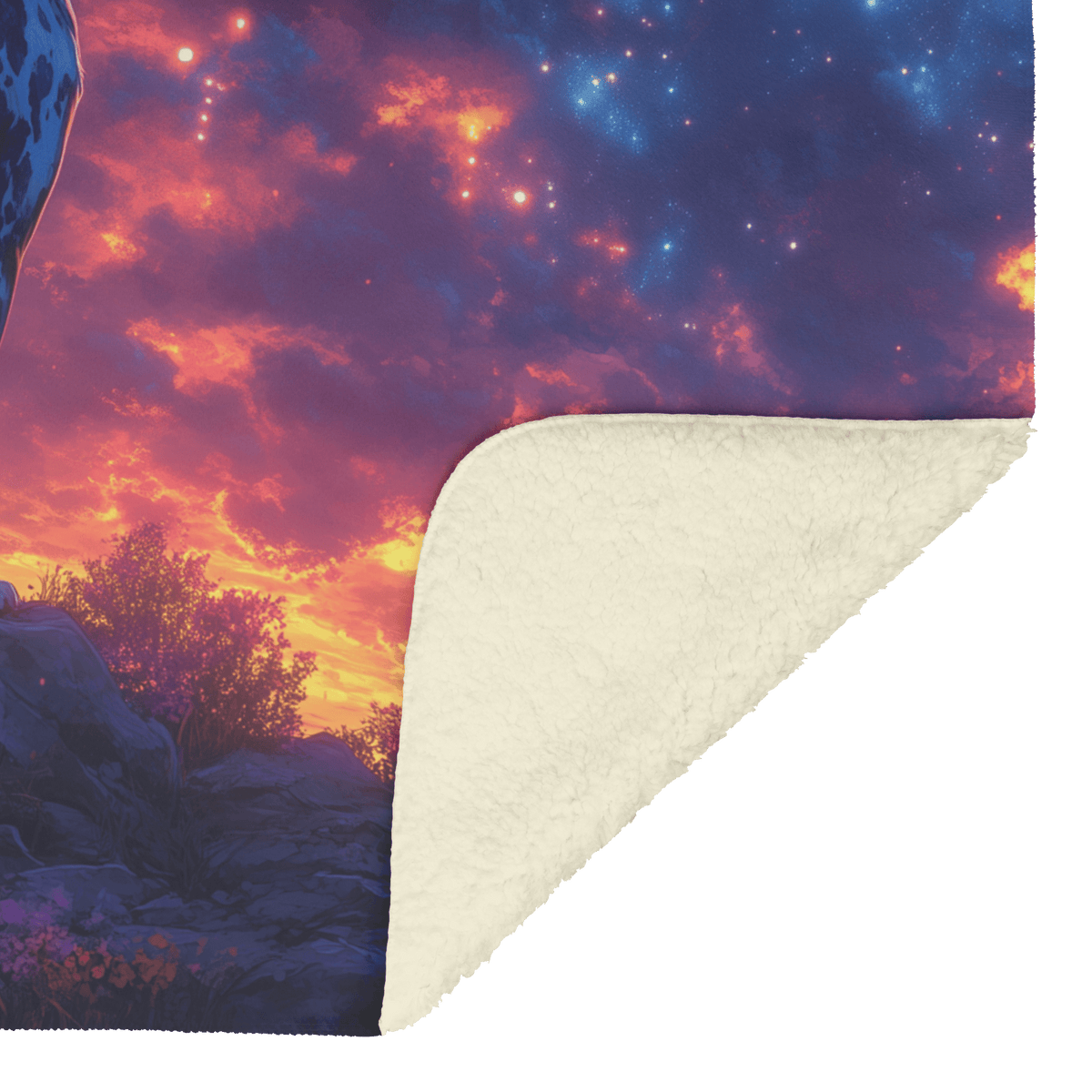 Great Dane Standing on Mountain Trail Surrounded by Shimmering Stars and Glowing Cosmic Reflections Fleece Sherpa Blanket - Awakening Righteousness