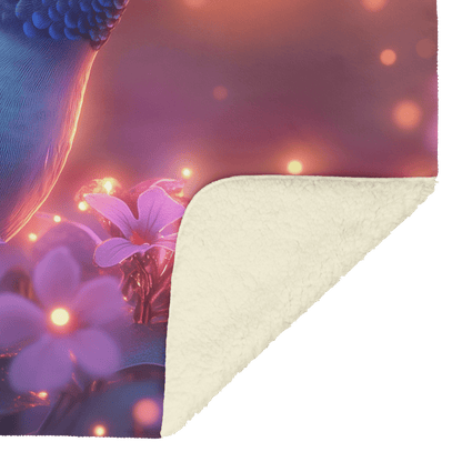 Green and Blue Hummingbird Surrounded by Glowing Purple Flowers in Bioluminescent Garden Under Twilight Sky Fleece Sherpa Blanket - Awakening Righteousness