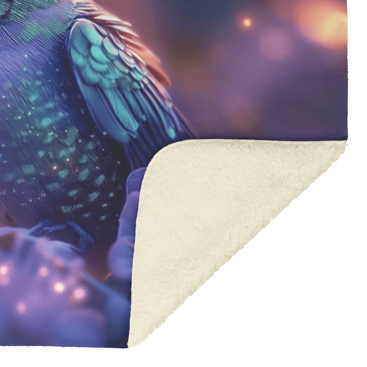 Green and Blue Hummingbird Surrounded by Glowing Purple Flowers in Bioluminescent Garden Under Twilight Sky Fleece Sherpa Blanket - Awakening Righteousness