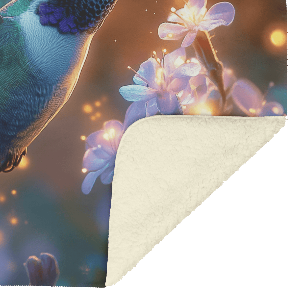 Green and Blue Hummingbird Surrounded by Glowing Purple Flowers in Peaceful Bioluminescent Garden Under Twilight Sky - Awakening Righteousness
