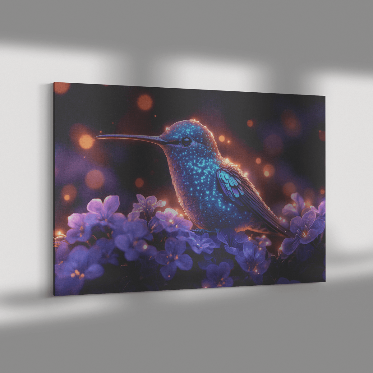Green And Blue Hummingbird With Glowing Purple Flowers In Bioluminescent Garden Under Twilight Sky Canvas Wall Art Decor - Awakening Righteousness