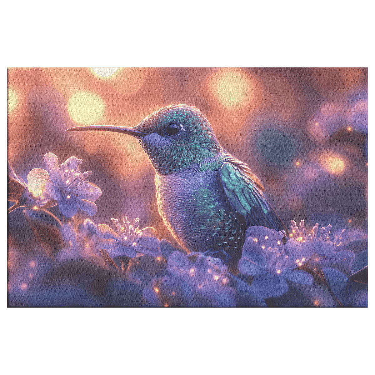 Green And Blue Hummingbird With Glowing Purple Flowers In Bioluminescent Garden Under Twilight Sky Canvas Wall Art Decor - Awakening Righteousness