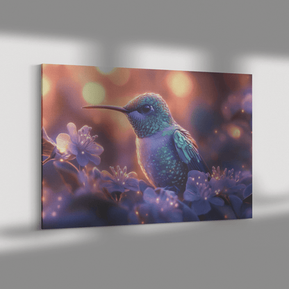 Green And Blue Hummingbird With Glowing Purple Flowers In Bioluminescent Garden Under Twilight Sky Canvas Wall Art Decor - Awakening Righteousness