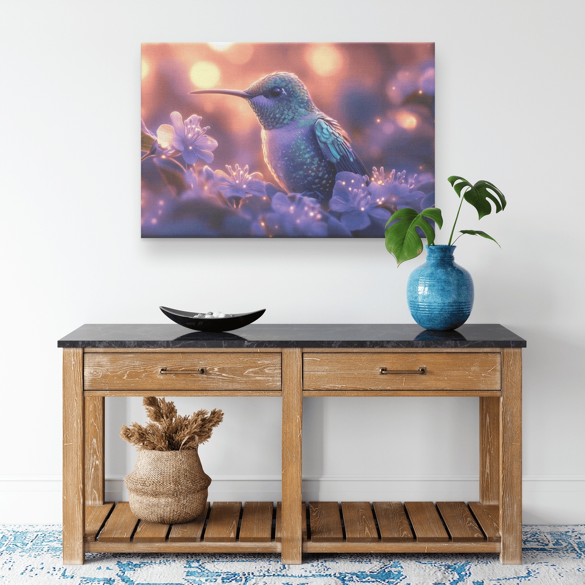 Green And Blue Hummingbird With Glowing Purple Flowers In Bioluminescent Garden Under Twilight Sky Canvas Wall Art Decor - Awakening Righteousness