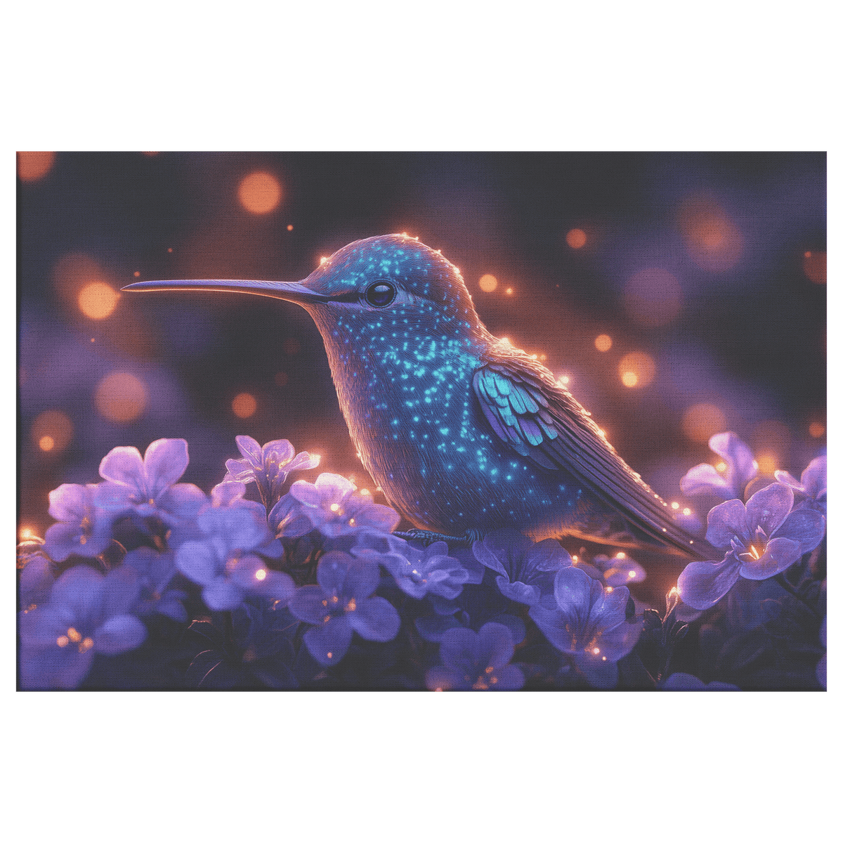 Green And Blue Hummingbird With Glowing Purple Flowers In Bioluminescent Garden Under Twilight Sky Canvas Wall Art Decor - Awakening Righteousness