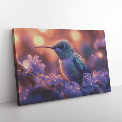 Green And Blue Hummingbird With Glowing Purple Flowers In Bioluminescent Garden Under Twilight Sky Canvas Wall Art Decor - Awakening Righteousness