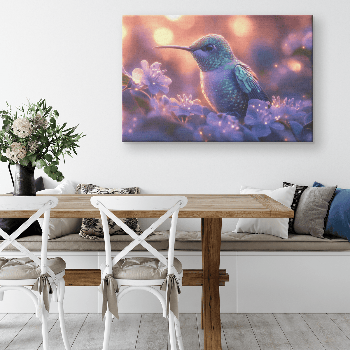 Green And Blue Hummingbird With Glowing Purple Flowers In Bioluminescent Garden Under Twilight Sky Canvas Wall Art Decor - Awakening Righteousness