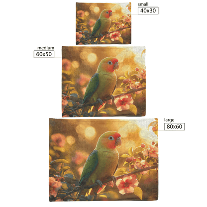 Green Parrot Sitting on Glowing Branch Surrounded by Colorful Rainforest Flowers Under Golden Sunlight Fleece Sherpa Blanket - Awakening Righteousness