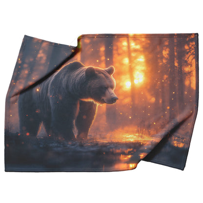 Grizzly Bear in Glowing Forest Clearing Soft Moonlight Mist Ancient Trees Ethereal Atmosphere Fleece Blanket - Awakening Righteousness