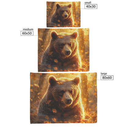 Grizzly Bear Standing Tall in Golden Autumn Forest with Glowing Falling Leaves and Soft Sunlight Fleece Blanket - Awakening Righteousness