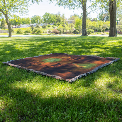 Group of Deer Standing by Reflective Pond with Silhouettes Glowing Under Golden Sunset Woven Throw Blanket - Awakening Righteousness