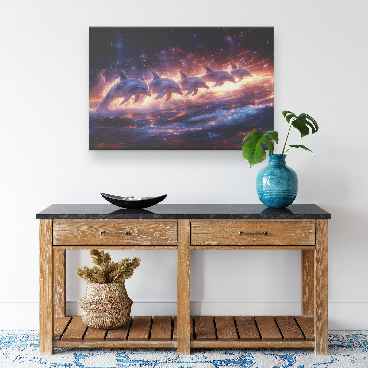 Group of Dolphins Jumping in Synchronized Arcs Through Glowing Bioluminescent Waves at Twilight Canvas Wall Art Decor - Awakening Righteousness