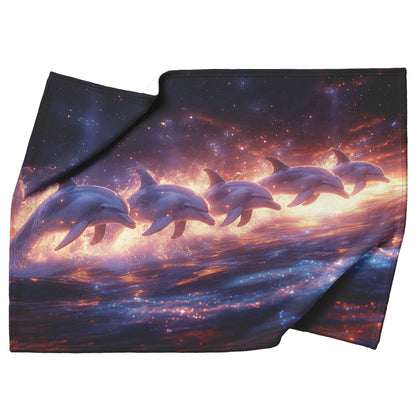 Group of Dolphins Jumping in Synchronized Arcs Through Glowing Bioluminescent Waves Twilight Fleece Sherpa Blanket - Awakening Righteousness