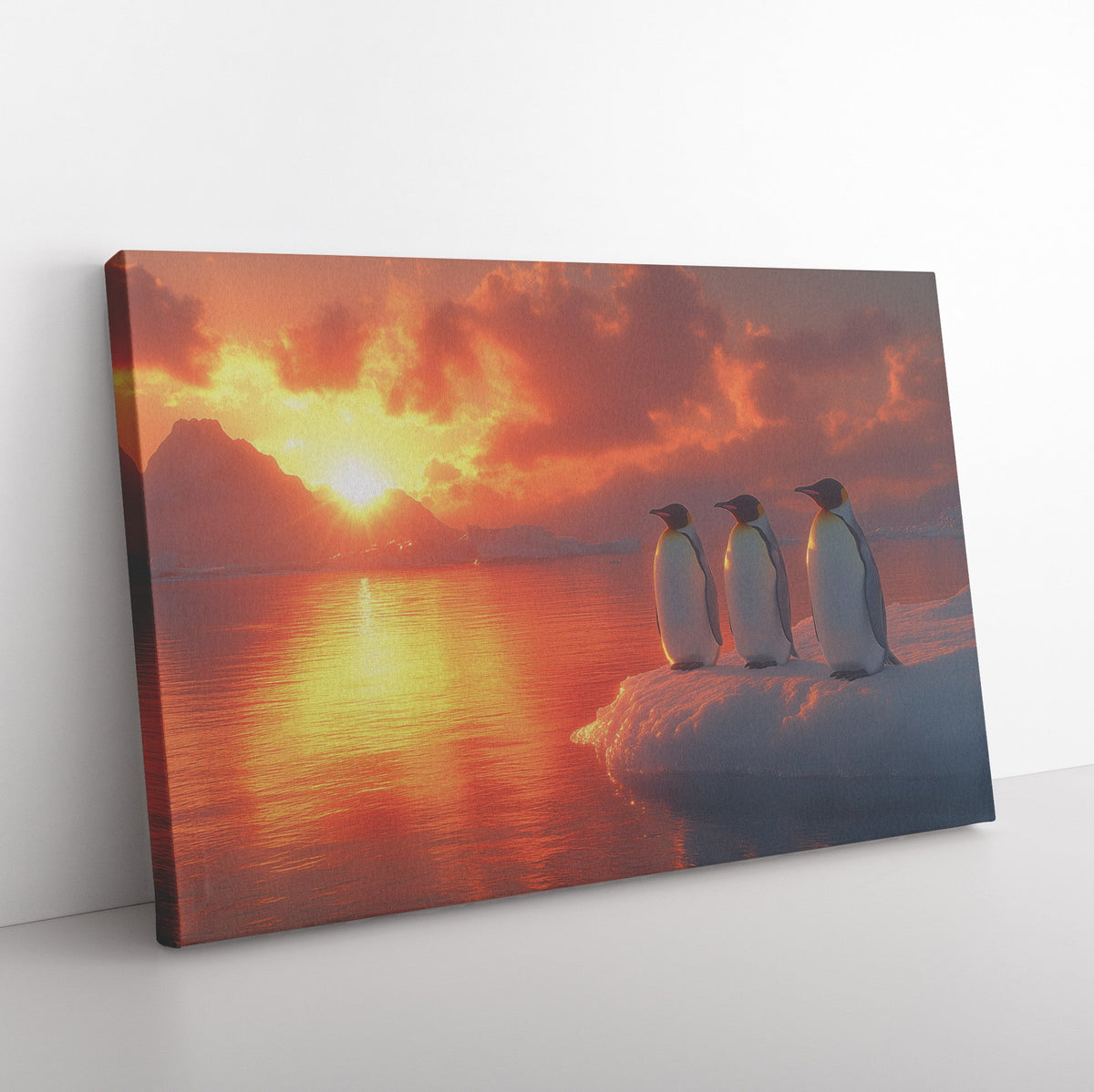 Group of Emperor Penguins on Glowing Ice Sheet Under Vibrant Golden Sunrise Soft Light Canvas Wall Art Decor - Awakening Righteousness