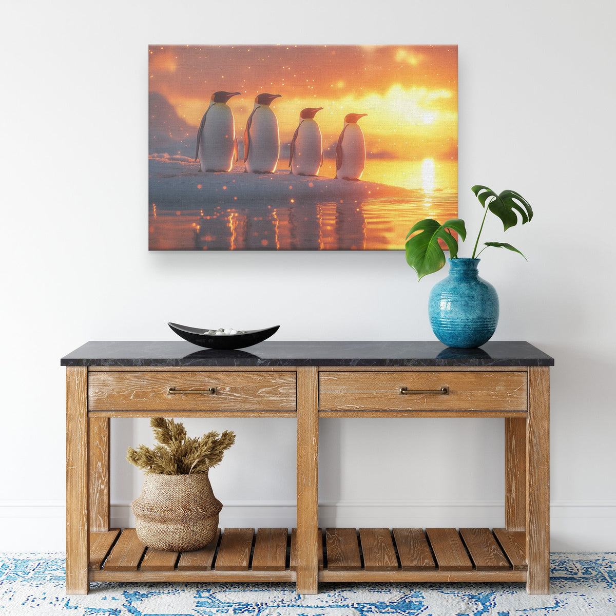 Group of Emperor Penguins on Glowing Ice Sheet Under Vibrant Golden Sunrise Soft Light Canvas Wall Art Decor - Awakening Righteousness