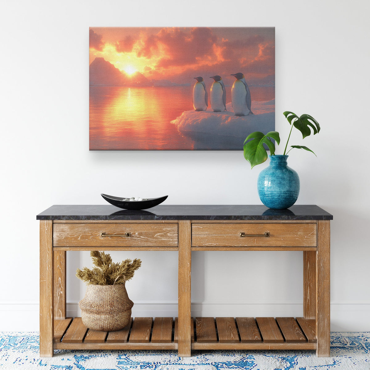 Group of Emperor Penguins on Glowing Ice Sheet Under Vibrant Golden Sunrise Soft Light Canvas Wall Art Decor - Awakening Righteousness