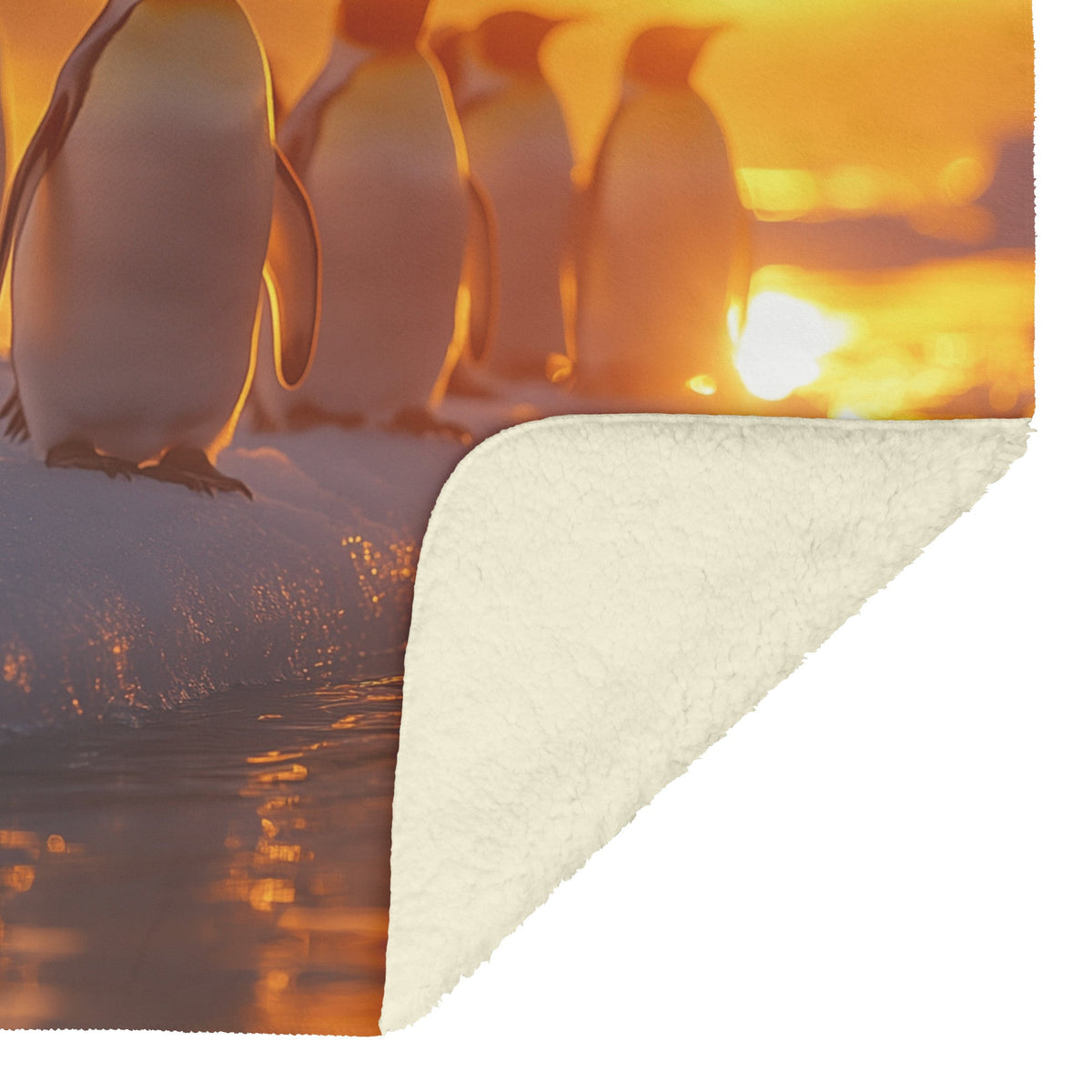 Group of Emperor Penguins on Glowing Ice Sheet Under Vibrant Golden Sunrise Soft Light Reflecting on Snow Fleece Blanket - Awakening Righteousness