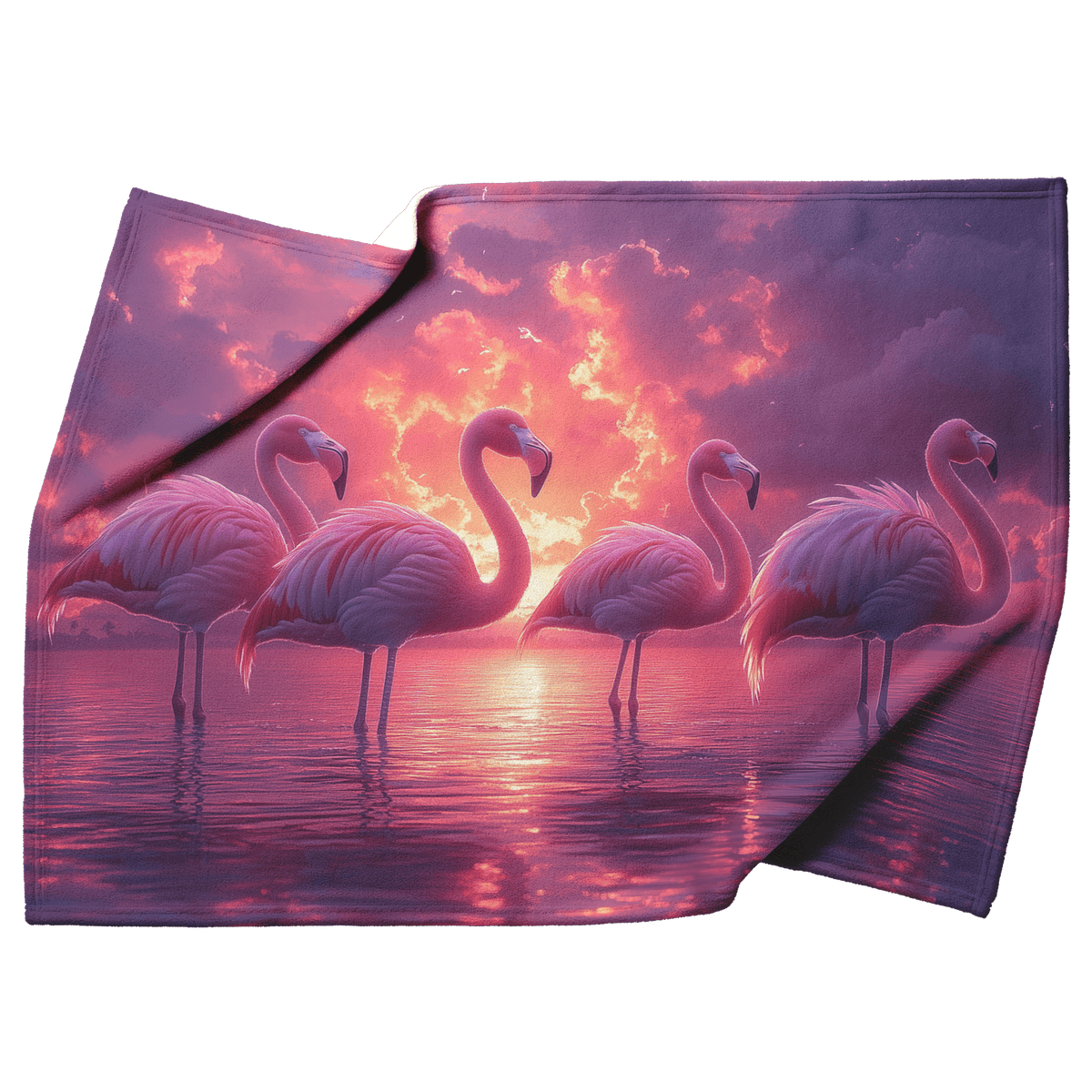 Group of Flamingos Standing in Glowing Pink and Purple Lagoon Surrounded by Reflections Under Twilight Sky Fleece Sherpa Blanket - Awakening Righteousness