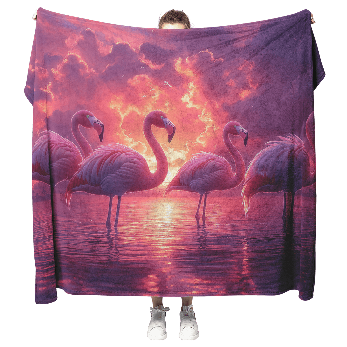 Group of Flamingos Standing in Glowing Pink and Purple Lagoon Surrounded by Reflections Under Twilight Sky Fleece Sherpa Blanket - Awakening Righteousness