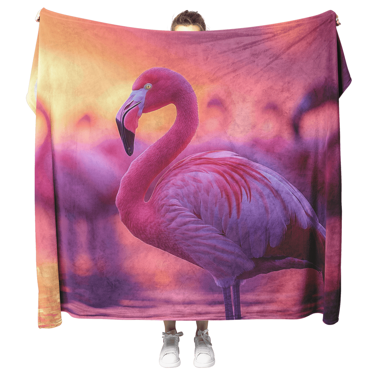 Group of Flamingos Standing in Glowing Pink and Purple Lagoon Surrounded by Reflections Under Twilight Sky Fleece Sherpa Blanket - Awakening Righteousness