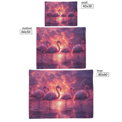Group of Flamingos Standing in Glowing Pink and Purple Lagoon Surrounded by Reflections Under Twilight Sky Fleece Sherpa Blanket - Awakening Righteousness
