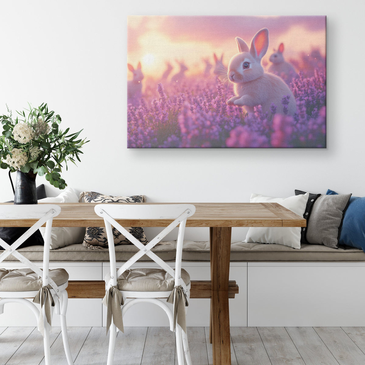 Group of Rabbits Playing in Field of Glowing Lavender Flowers Under Pink and Purple Twilight Sky Canvas Wall Art - Awakening Righteousness