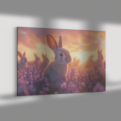 Group of Rabbits Playing in Field of Glowing Lavender Flowers Under Pink and Purple Twilight Sky Canvas Wall Art - Awakening Righteousness