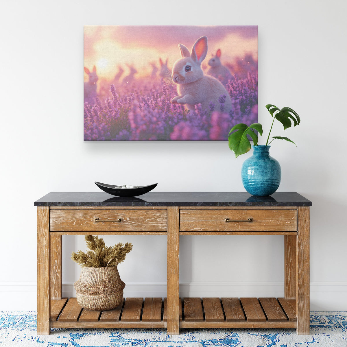 Group of Rabbits Playing in Field of Glowing Lavender Flowers Under Pink and Purple Twilight Sky Canvas Wall Art - Awakening Righteousness