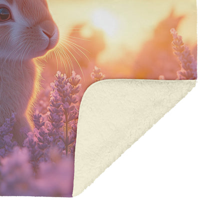 Group of Rabbits Playing in Glowing Lavender Field Under Pink and Purple Twilight Sky Fleece Sherpa Blanket - Awakening Righteousness