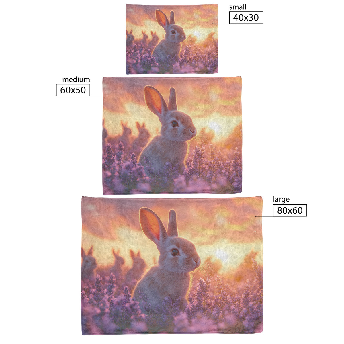 Group of Rabbits Playing in Glowing Lavender Field Under Pink and Purple Twilight Sky Fleece Sherpa Blanket - Awakening Righteousness