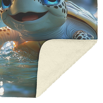 Happy Baby Turtles Playing in Tropical Water with Lush Greenery Cozy Fleece Sherpa Blanket - Awakening Righteousness