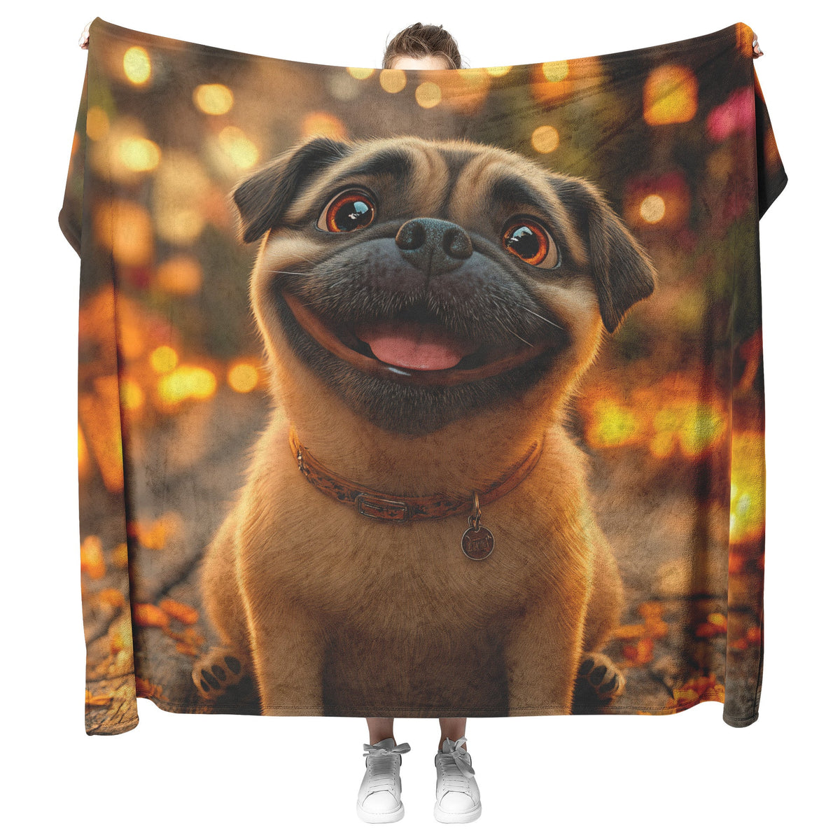 Happy Pug Sitting on Glowing Porch with Lanterns and Soft Warm Light Illuminating Its Face Fleece Sherpa Blanket - Awakening Righteousness
