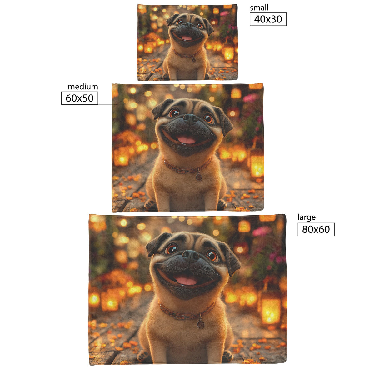 Happy Pug Sitting on Glowing Porch with Lanterns and Soft Warm Light Illuminating Its Face Fleece Sherpa Blanket - Awakening Righteousness