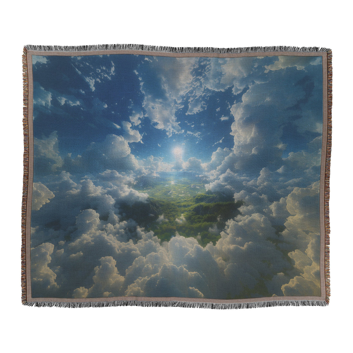 Heavenly Horizon Above Lush Green Valley with Golden Sunlight Peeking Through Clouds Woven Throw Blanket for Serenity - Awakening Righteousness