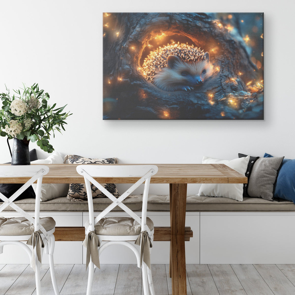 Hedgehog Curled Up in Glowing Tree Hollow with Fireflies Under Twilight Sky Canvas Wall Art - Awakening Righteousness