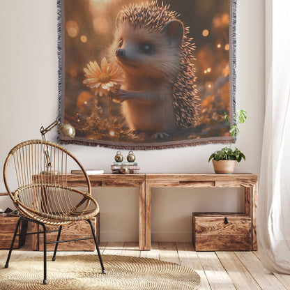 Hedgehog Holding Glowing Flower Woven Throw Blanket in Magical Forest with Shimmering Plants and Ethereal Light - Awakening Righteousness