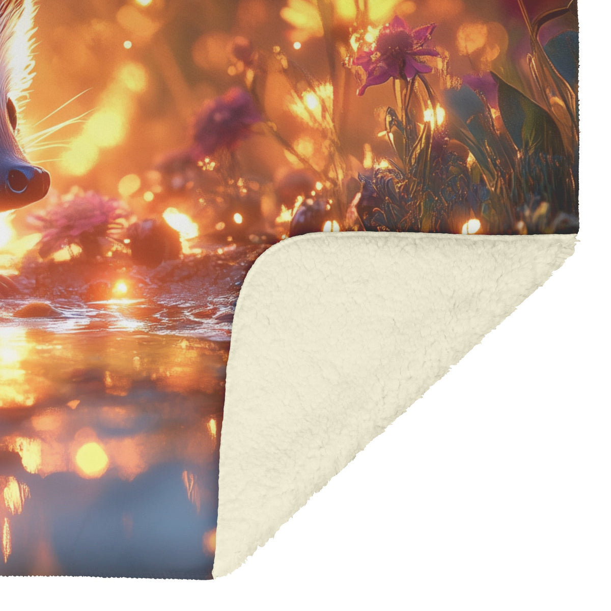 Hedgehog Resting by Crystal Clear Pond with Glowing Wildflowers and Golden Mist Fleece Sherpa Blanket - Awakening Righteousness