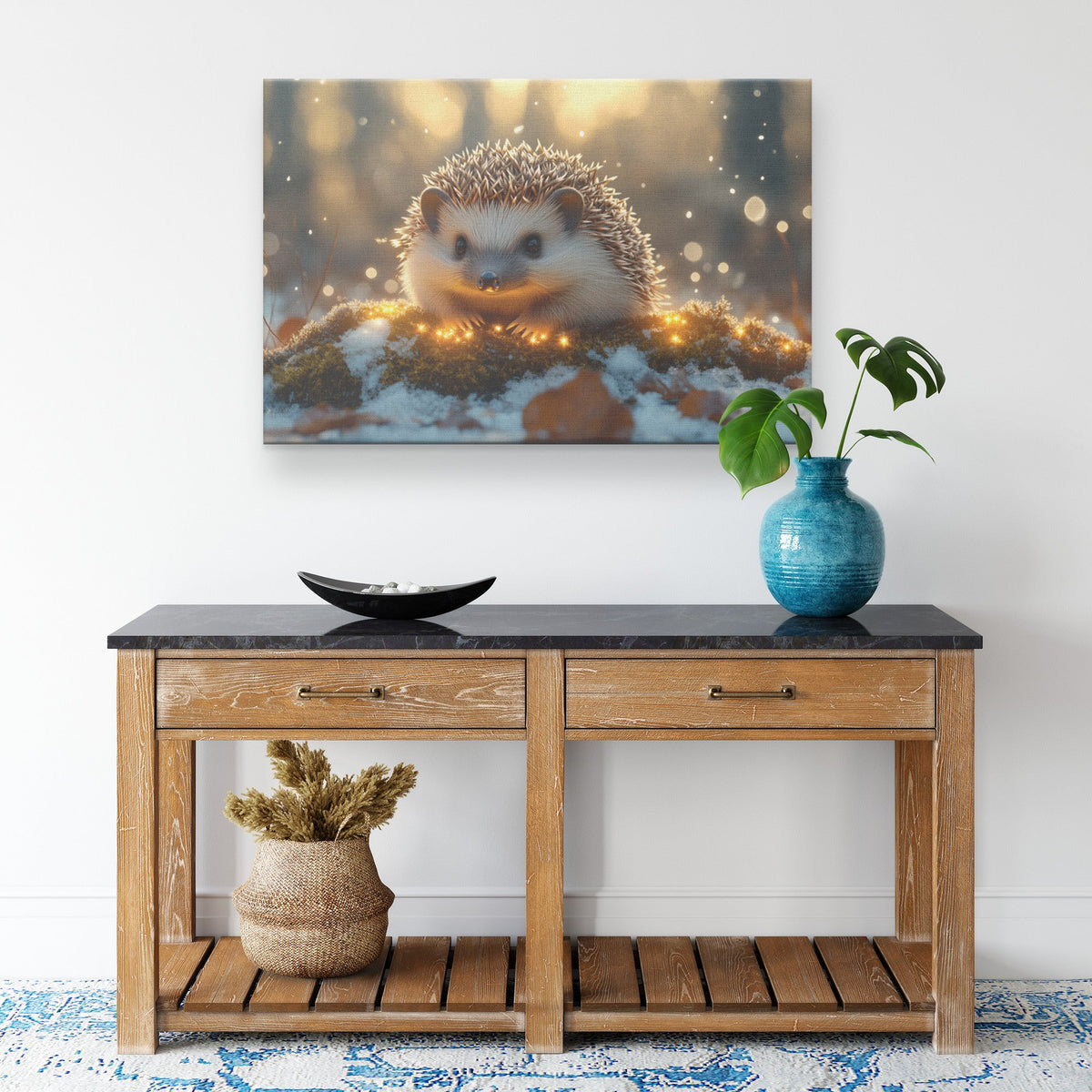 Hedgehog Resting on Snow Covered Glowing Moss with Twinkling Snowflakes Under Silver Moonlight Canvas Wall Art - Awakening Righteousness