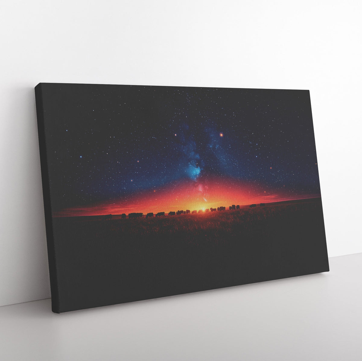 Herd of Cows Grazing Peacefully Under Twilight Sky with Glowing Stars and Soft Light Silhouettes Canvas Wall Art - Awakening Righteousness