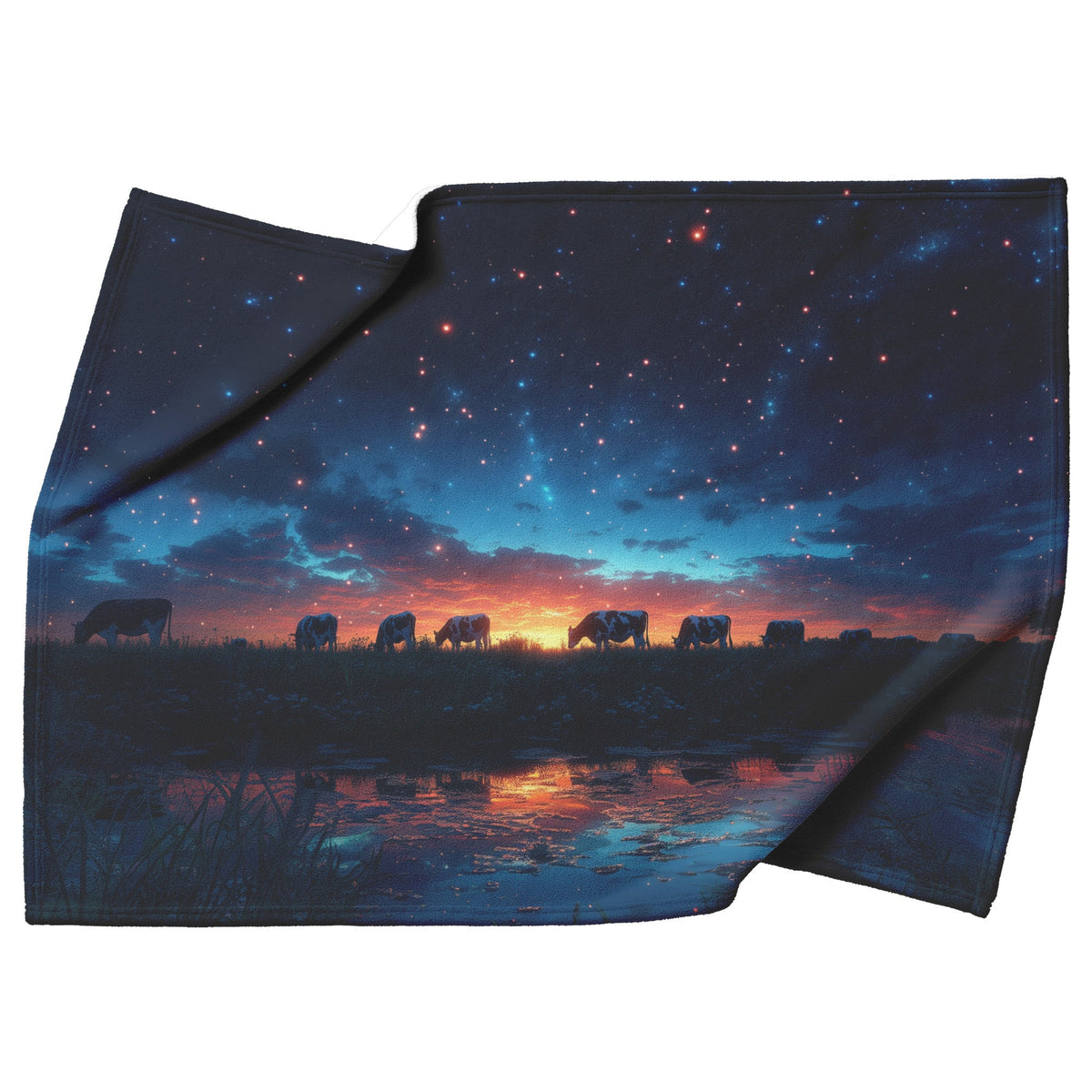 Herd of Cows Grazing Sherpa Fleece Blanket Twilight Sky Glowing Stars Soft Light Peaceful Pastoral Scene - Awakening Righteousness