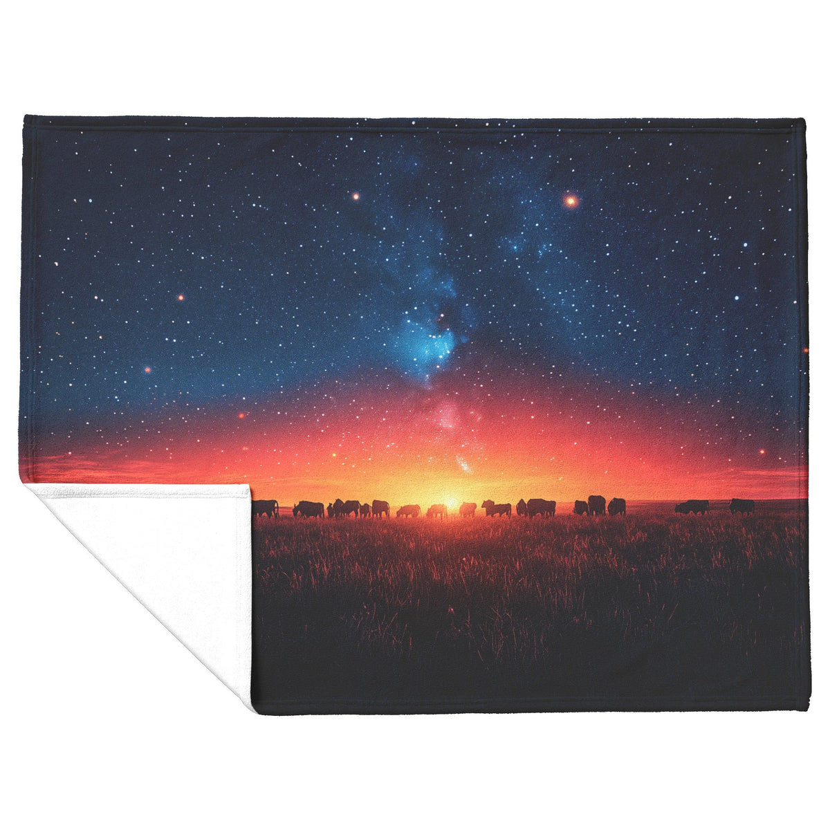 Herd of Cows Grazing Under Twilight Sky Sherpa Fleece Blanket Glowing Stars Soft Light Peaceful Pastoral Scene - Awakening Righteousness