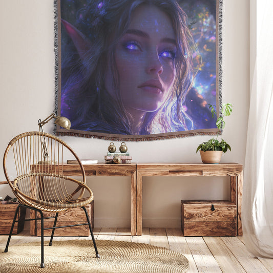 Holy Night Elf Woven Throw Blanket WoW Fantasy Alliance Art Divine Female Character Home Decor or Gift - Awakening Righteousness