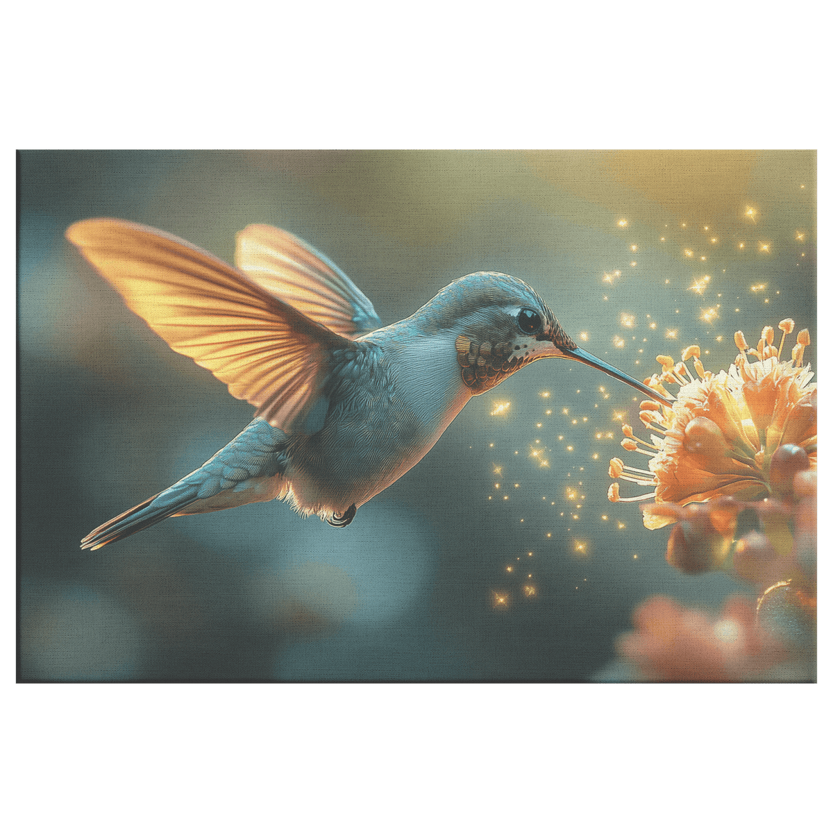 Hummingbird Hovering Near Glowing Flower In Magical Garden With Shimmering Wings Under Twilight Sky Canvas Wall Art Decor - Awakening Righteousness