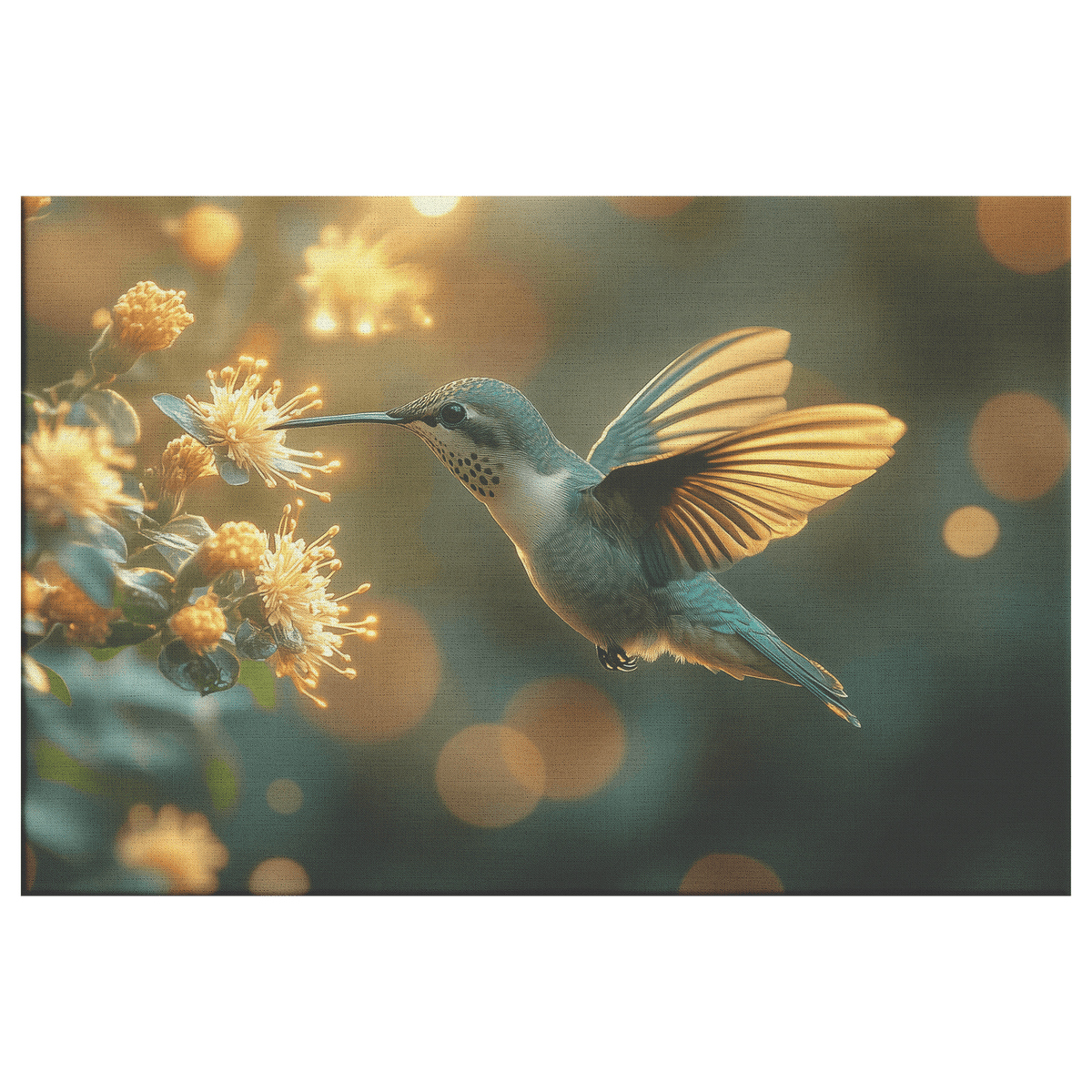 Hummingbird Hovering Near Glowing Flower In Magical Garden With Shimmering Wings Under Twilight Sky Canvas Wall Art Decor - Awakening Righteousness