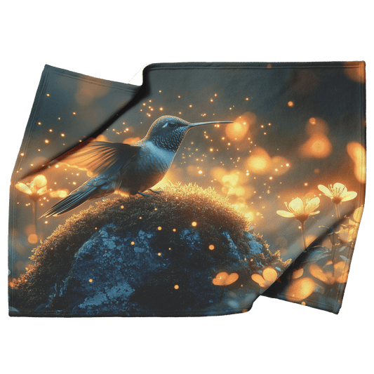 Hummingbird Resting Peacefully on Mossy Glowing Rock Surrounded by Fireflies and Soft Mist in Glowing Meadow Fleece Sherpa Blanket - Awakening Righteousness