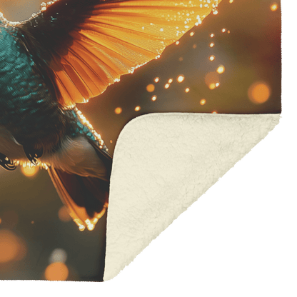 Hummingbird Silhouetted Against Glowing Sunset With Wings Trailing Golden Sparkles in Dynamic Serene Atmosphere Fleece Sherpa Blanket - Awakening Righteousness