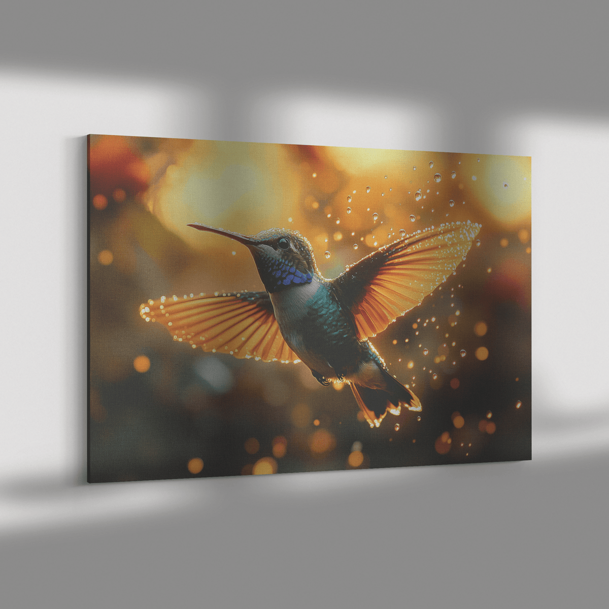 Hummingbird With Iridescent Feathers Flying In Glowing Rainstorm Illuminated By Sunlit Raindrops Canvas Wall Art Decor - Awakening Righteousness