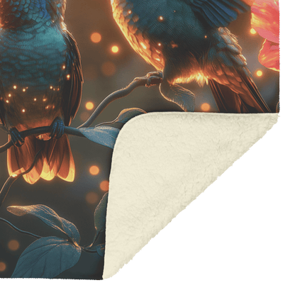 Hummingbirds Drinking Nectar From Bioluminescent Flowers Surrounded by Fireflies in Glowing Forest Fleece Sherpa Blanket - Awakening Righteousness